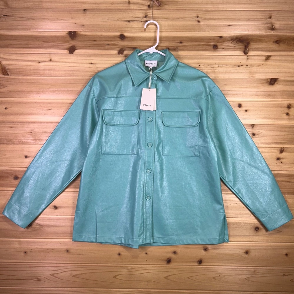 NEW FRNCH Jacket Womens Small Turquoise Luna Faux Leather Button Up Shacket